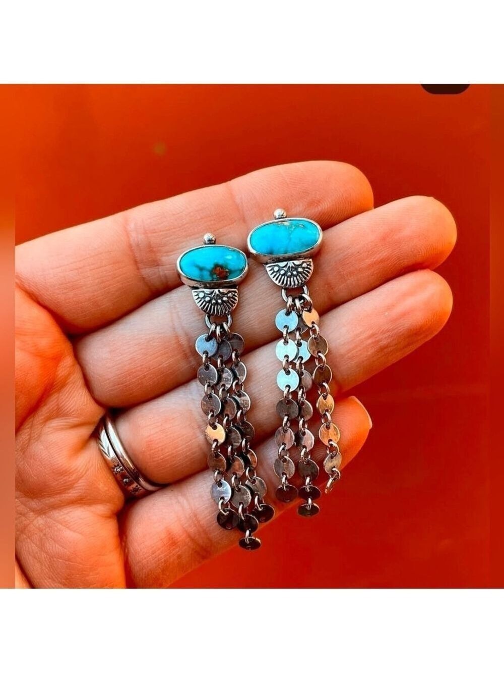Turquoise and Silver Chain Earrings - Picture 2 of 5